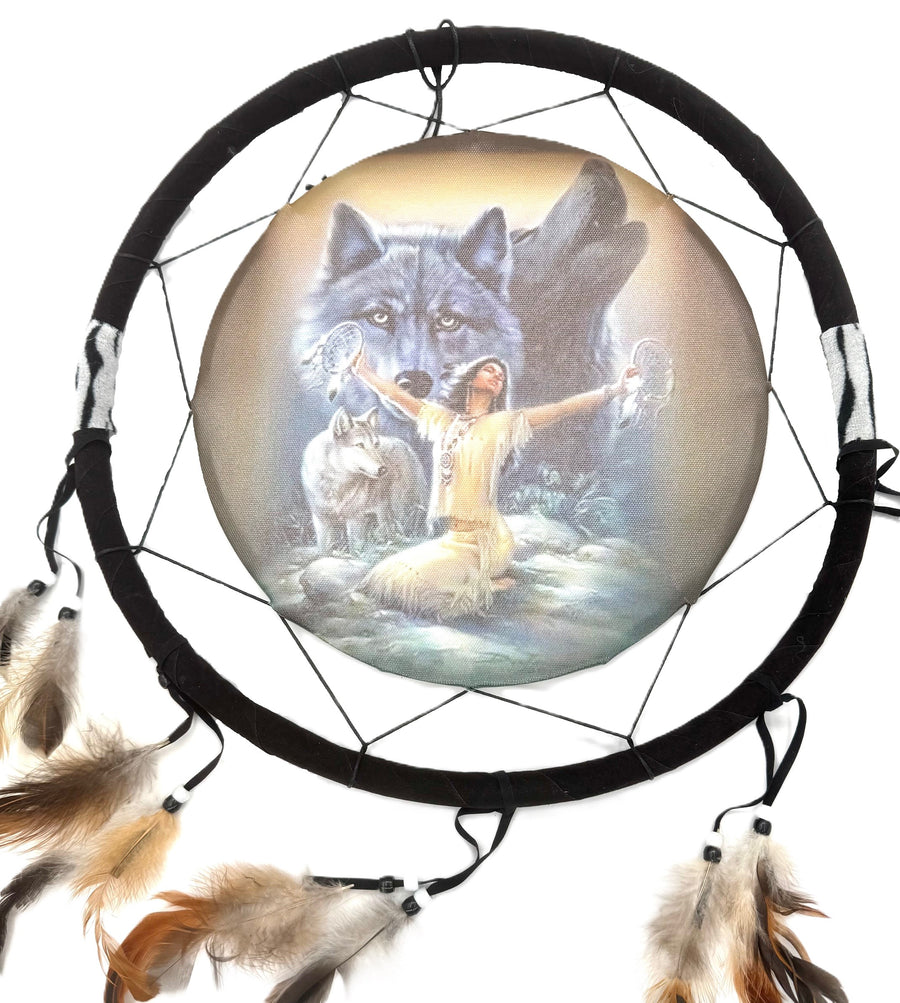 38cm Traumfänger Indische Frau mit Wolf (I)