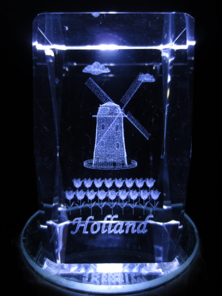 3D-Kristall-Lasergravurblock – Windmühle und Tulpen