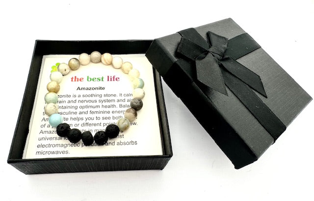 8 mm Amazonit und Lavastein Edelsteinarmband – Geschenkbox Inklusiv