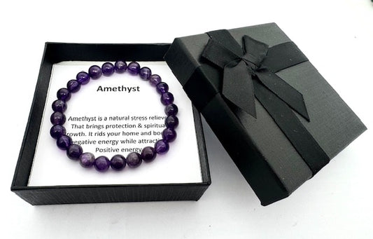 8 mm Amethyst Edelsteinarmband – Geschenkbox Inklusiv