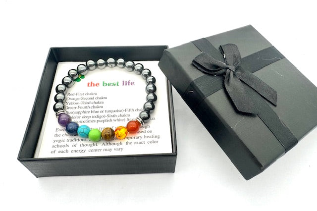 8 mm 7-Chakra Hematit Edelsteinarmband – Geschenkbox inklusive