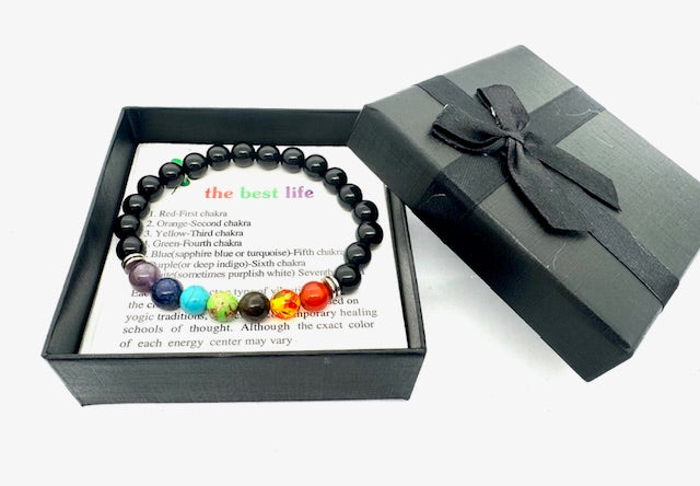 8 mm 7-Chakra Schwarz Onyx Edelsteinarmband – Geschenkbox inklusive
