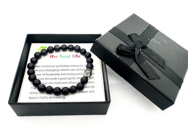 8 mm Buddha Blau Sandstein Armband – Geschenkbox Inklusive