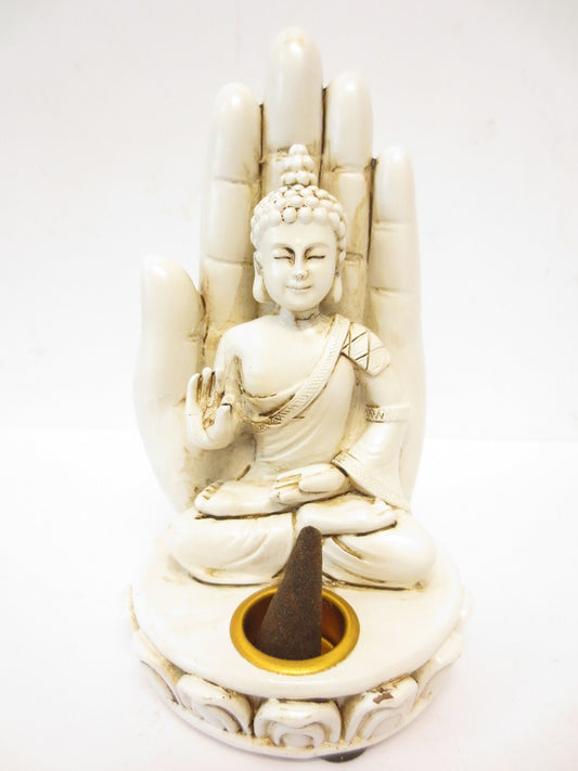 Weißer Buddha Hand Räucherhalter für Stäbchen & Kegel (Klein)