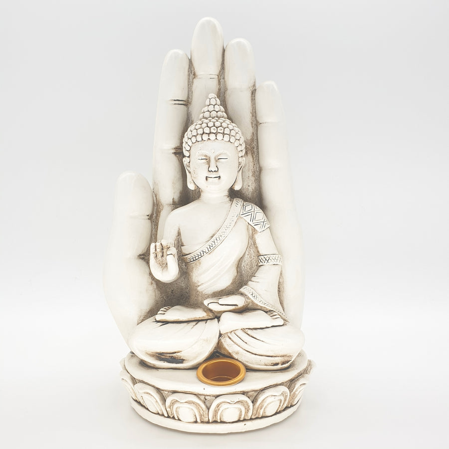Weißer Buddha Hand Räucherhalter für Stäbchen & Kegel (Groß)
