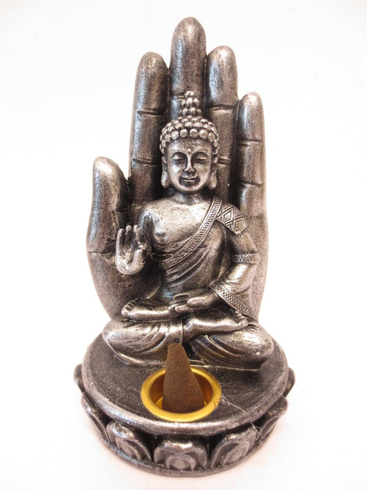 Silber Buddha Hand Räucherhalter für Stäbchen & Kegel (Klein)