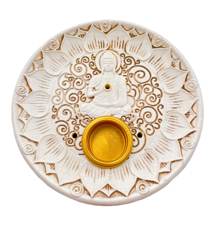 Weißer-Buddha-Räucherhalter für Stäbchen & Kegel