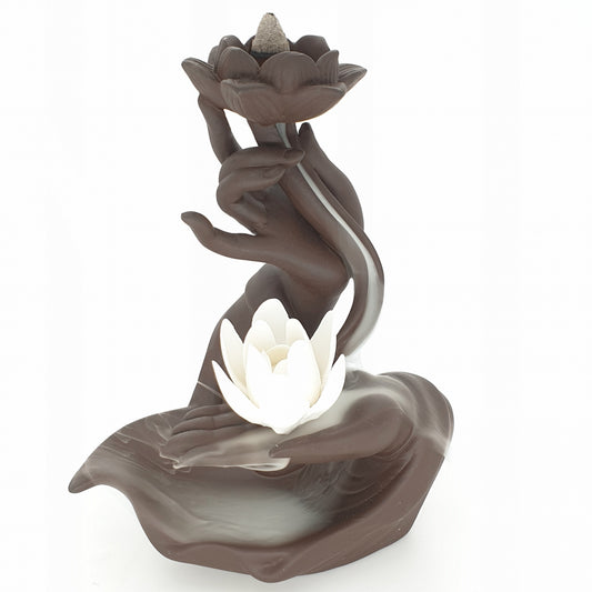 Rückfluss-Räuchergefäß, Hände mit Blume und Lotus