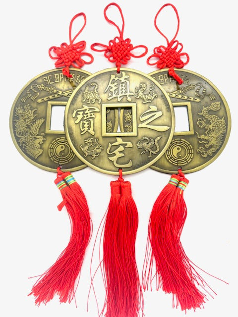 Feng-Shui-Münzanhänger mit Drache und Phönix und roter Quaste – 3er-Set