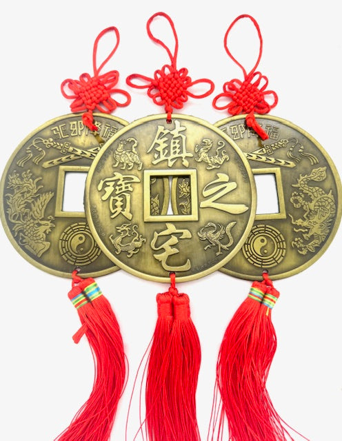 Feng-Shui-Münzanhänger mit Drache und Phönix und roter Quaste – 3er-Set