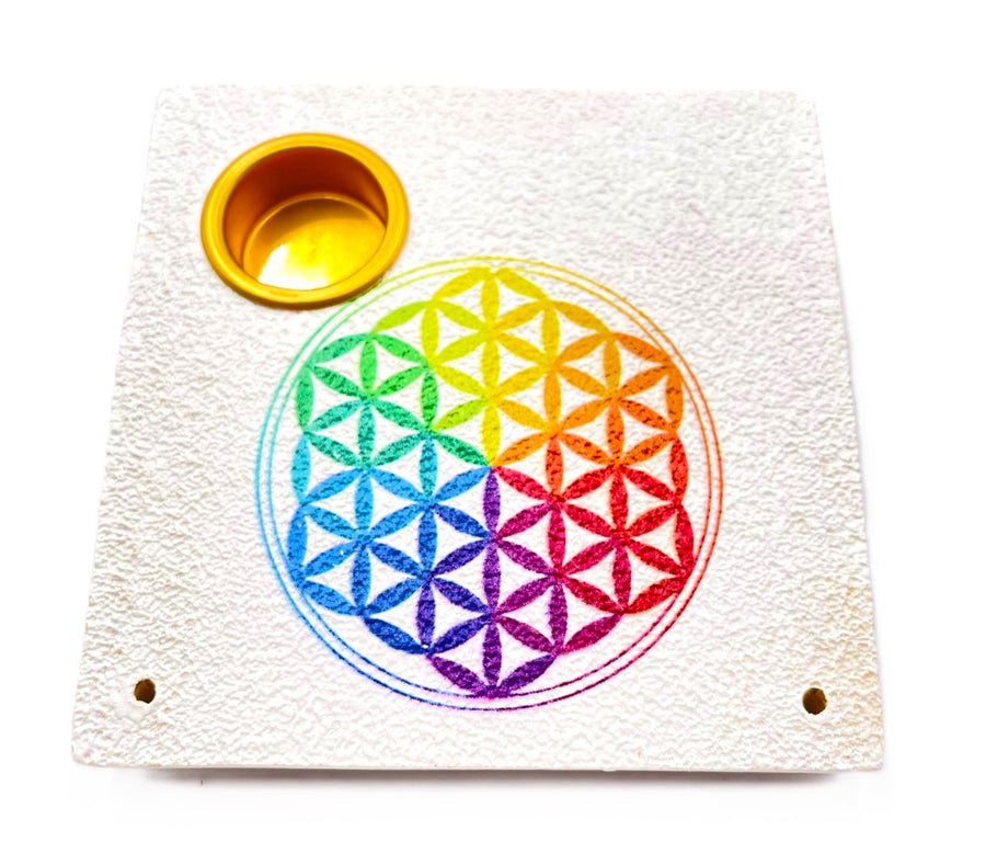 Blume des Lebens 7-Chakra-Quadratischer-Räucherhalter für Stäbchen & Kegel