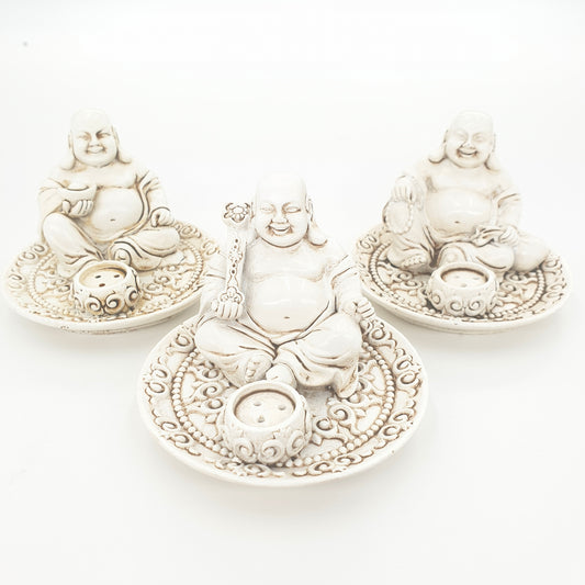 Weißer Glücklicher Buddha Räucherhalter für Stäbchen (3 stück)