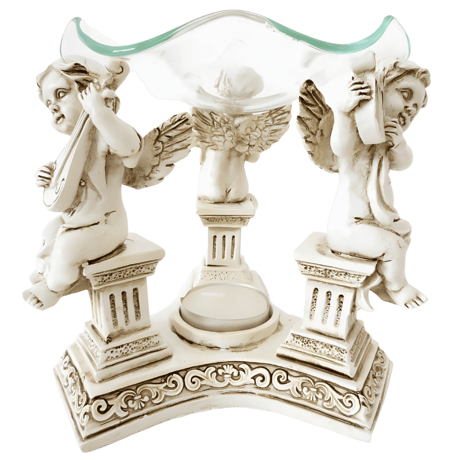 Ölbrenner aus Kunstharz mit drei Engeln auf Säulen Weiß 10,5 cm