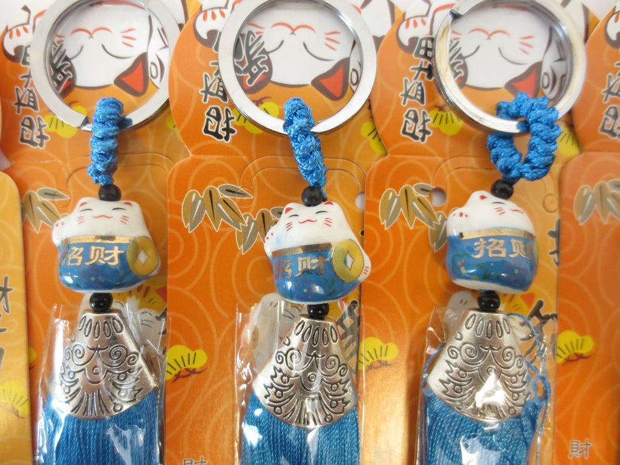 Glücksbringer-Schlüsselanhänger Maneki Neko Katze mit blauer Quaste (6 Stück)