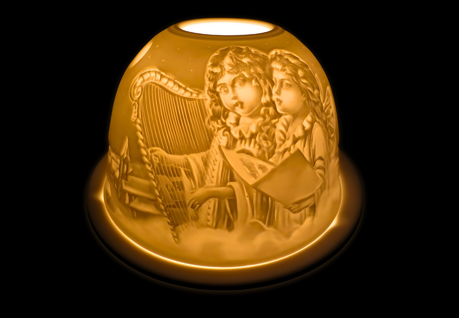 Porzellan-Teelichthalter 2 Engel mit Musik 9 cm