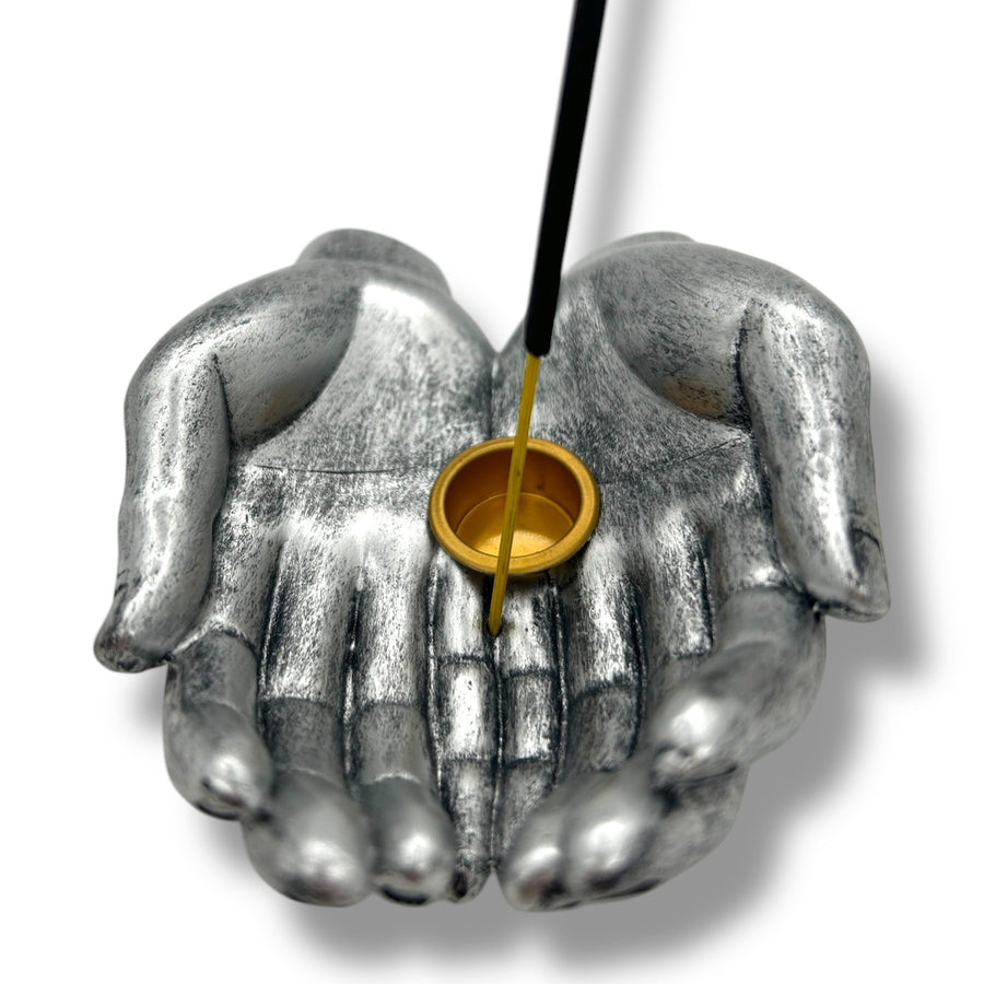 Silbere Offene Hände-Räucherhalter für Stäbchen & Kegel