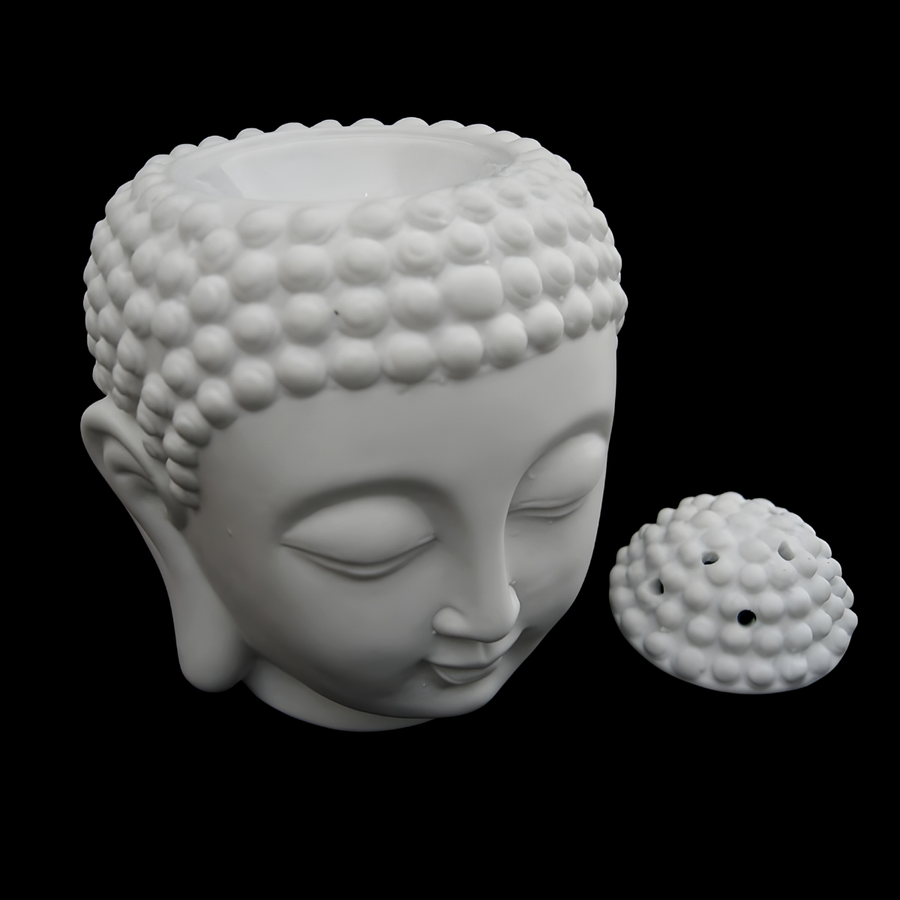 Weiße Buddha-Kopf Ölbrenne 13 cm
