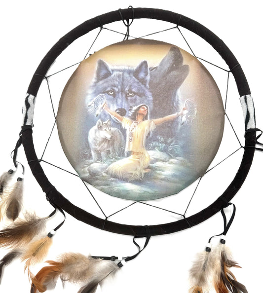 38cm Traumfänger Indische Frau mit Wolf (I)