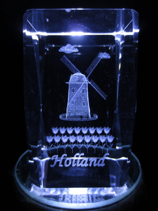 3D-Kristall-Lasergravurblock – Windmühle und Tulpen
