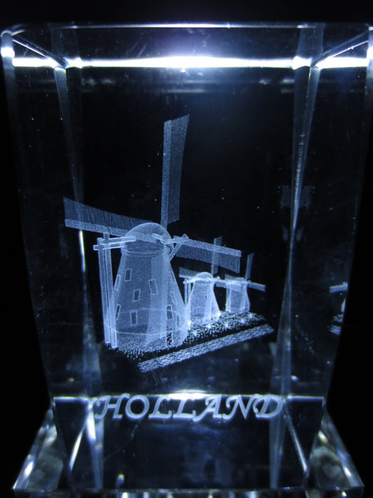3D-Kristall-Lasergravurblock – Holland mit 3 Windmühlen