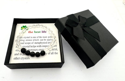 8 mm Bergkristall und Lavastein Edelsteinarmband – Geschenkbox Inklusiv