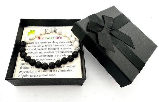 8 mm Howlith und Lavastein Edelsteinarmband – Geschenkbox Inklusiv