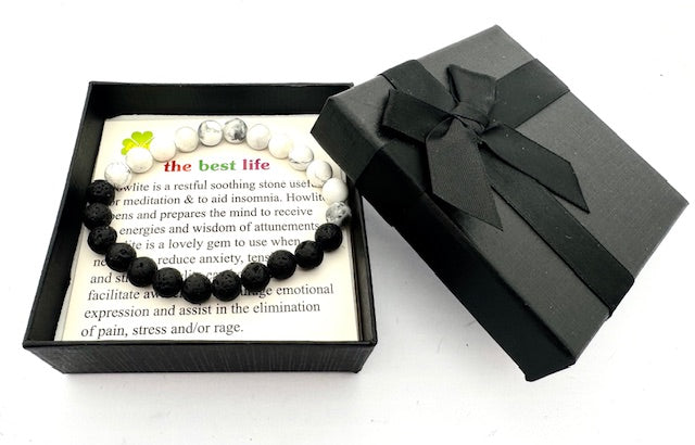8 mm Howlith und Lavastein Edelsteinarmband – Geschenkbox Inklusiv