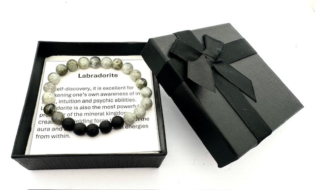 8 mm Labradorit und Lavastein Edelsteinarmband – Geschenkbox Inklusiv