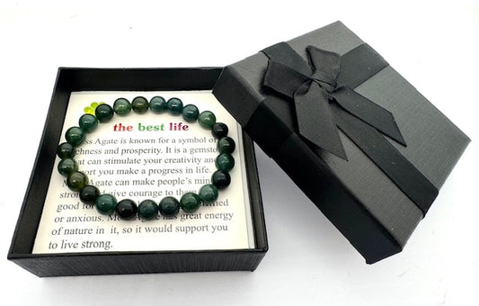 8 mm Moosachat Edelsteinarmband – Geschenkbox Inklusiv