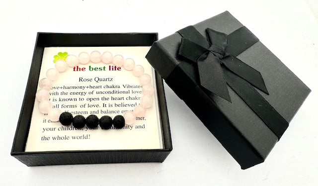 8 mm Rosenquarz und Lavastein Edelsteinarmband – Geschenkbox Inklusiv
