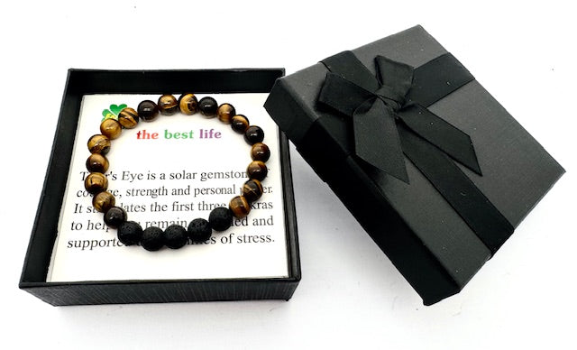 8 mm Tigerauge und Lavastein Edelsteinarmband – Geschenkbox Inklusiv