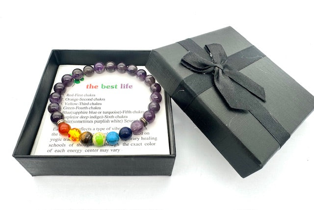 8 mm 7-Chakra Amethyst Edelsteinarmband – Geschenkbox inklusive