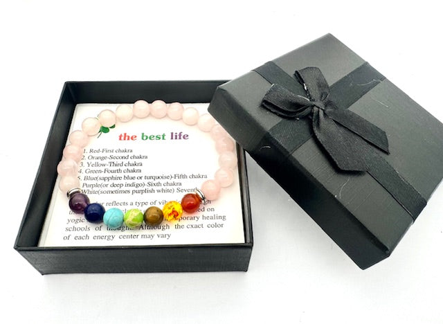 8 mm 7-Chakra Rosenquarz Edelsteinarmband – Geschenkbox inklusive