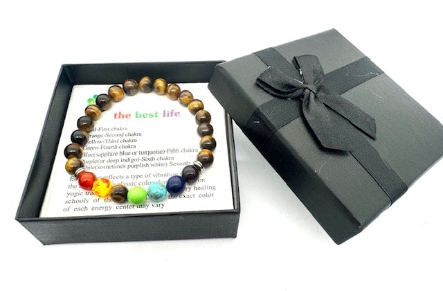 8 mm 7-Chakra Tigerauge Edelsteinarmband – Geschenkbox inklusive