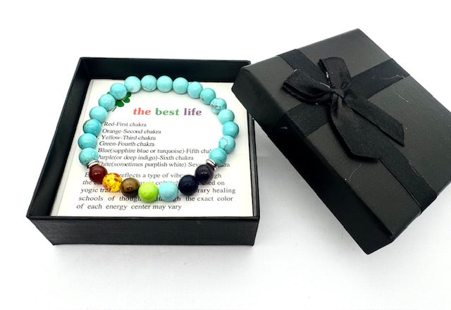8 mm 7-Chakra Türkis Edelsteinarmband – Geschenkbox inklusive