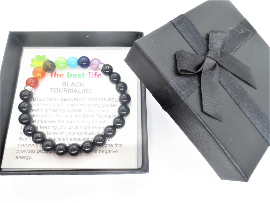 8 mm 7-Chakra Schwarzer Turmalin Edelsteinarmband – Geschenkbox inklusive