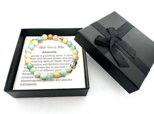 8 mm Buddha Amazonit Armband – Geschenkbox Inklusive