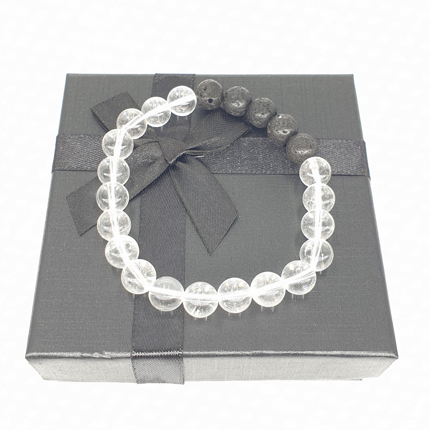 8-mm-Armband mit Geschenkbox – Bergkristall und Lavastein
