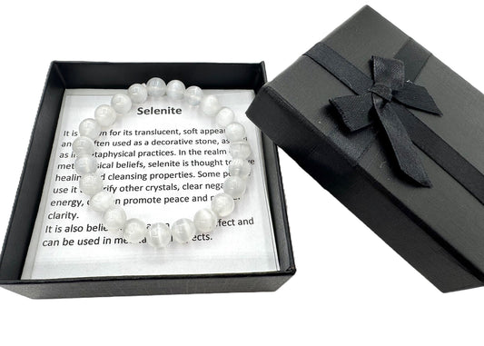 8 mm Selenit (AA-Qualität) Edelsteinarmband – Geschenkbox Inklusiv