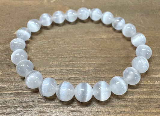 8 mm Selenit (AA-Qualität) Edelsteinarmband – Geschenkbox Inklusiv