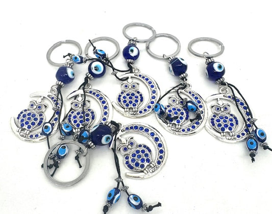 Blaues Schlüsselanhänger-Set „Böser Blick“ mit Eule auf Mond (6 Stück)
