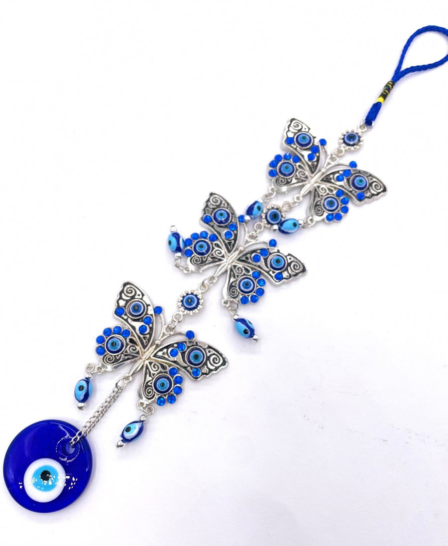 Blauer Evil Eye Anhänger mit 3 Schmetterlingen
