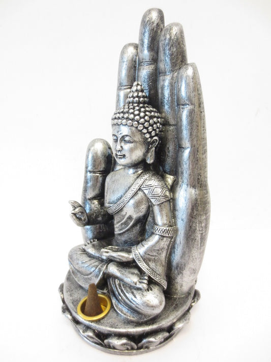 Silber Buddha Hand Räucherhalter für Stäbchen &amp; Kegel (Groß)