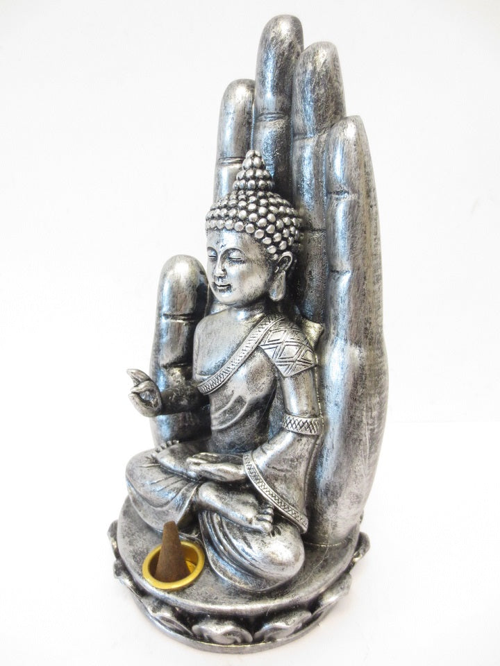 Silber Buddha Hand Räucherhalter für Stäbchen &amp; Kegel (Groß)