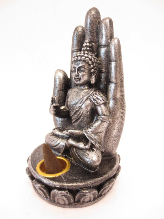 Silber Buddha Hand Räucherhalter für Stäbchen &amp; Kegel (Klein)