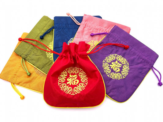 Brokatbeutel mit 'Fu'-Glückszeichen (12 Stück)