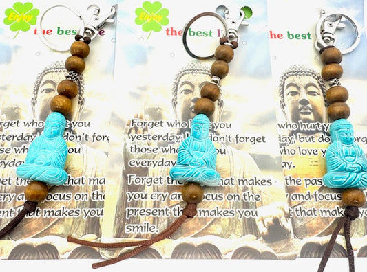 Buddha-Schlüsselanhänger mit Holzperlen – Türkis