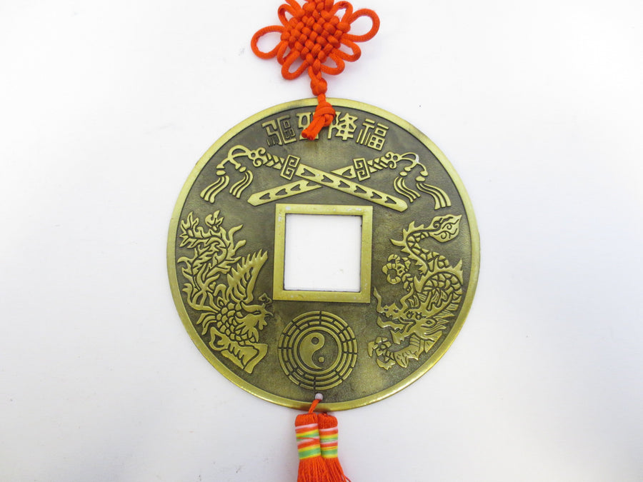 Feng-Shui-Münze zum Wandbehang mit Drache und Phönix und roter Quaste, AA-Qualität