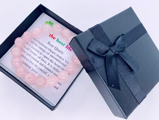 12mm Edelstein Armband mit Geschenkbox - Rosenquarz