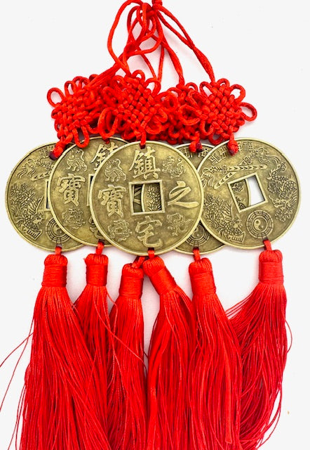 Feng Shui Wandbehang mit Chinesischen Münzen und roten Quasten, 6er-Set